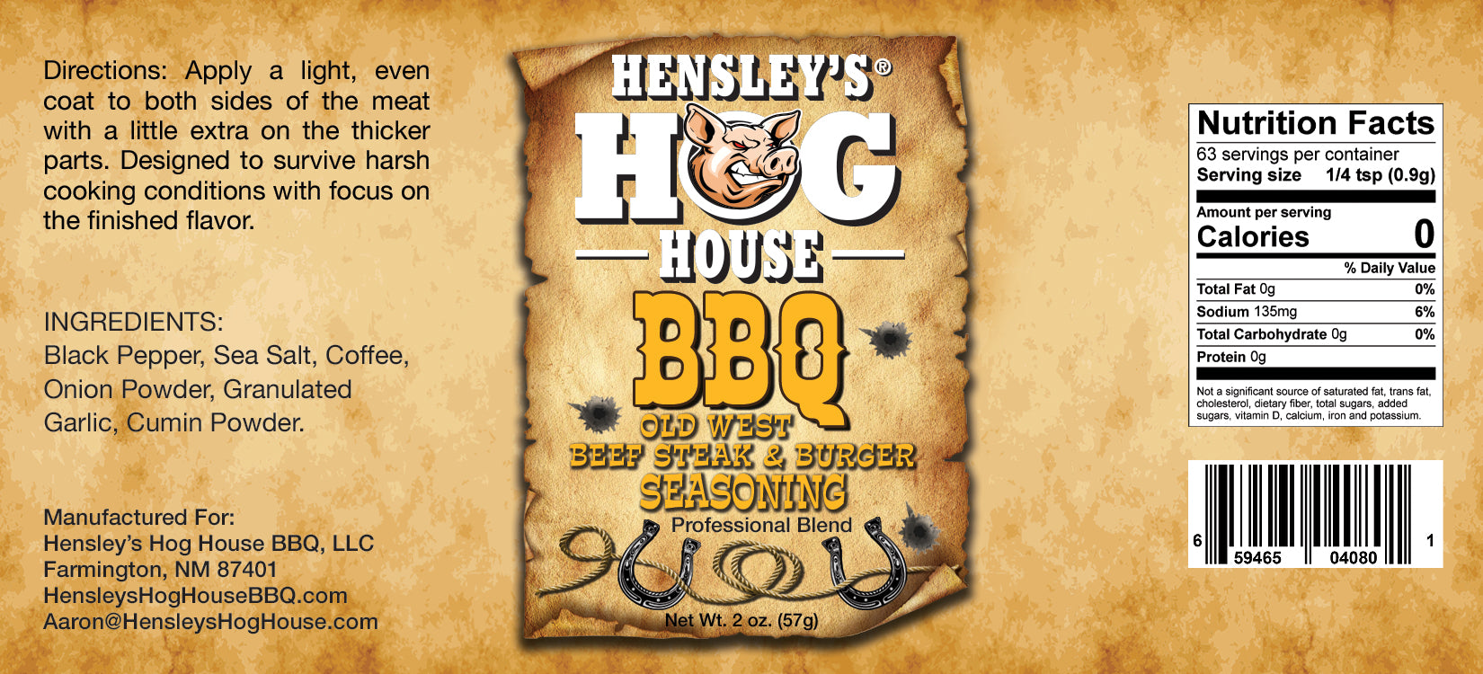 Hensley's Hog House BBQ® Old West Beef, Steak & Burger Seasoning 2 oz