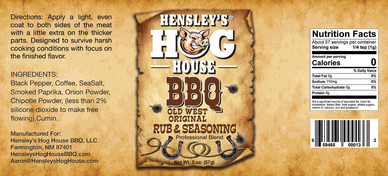 Hensley's Hog House BBQ® Old West Original BBQ Rub & Seasoning 2 oz