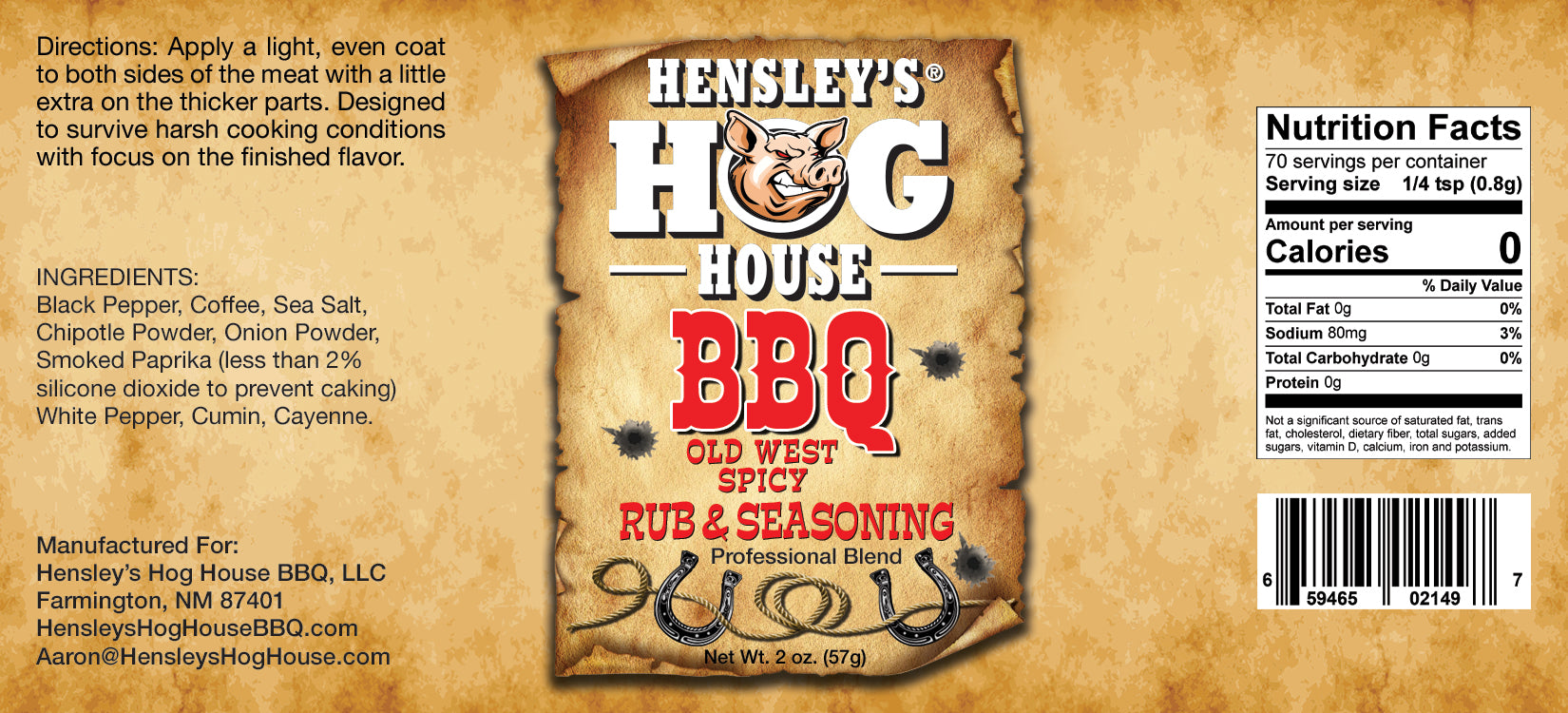 Hensley's Hog House BBQ® Old West Spicy BBQ Rub & Seasoning 2 oz