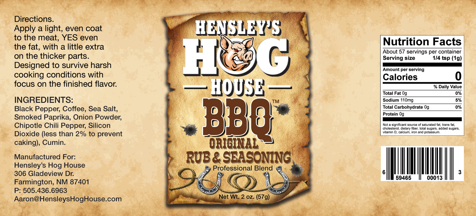 Hensley's Hog House BBQ™ Old West Original BBQ Rub & Seasoning 2 oz
