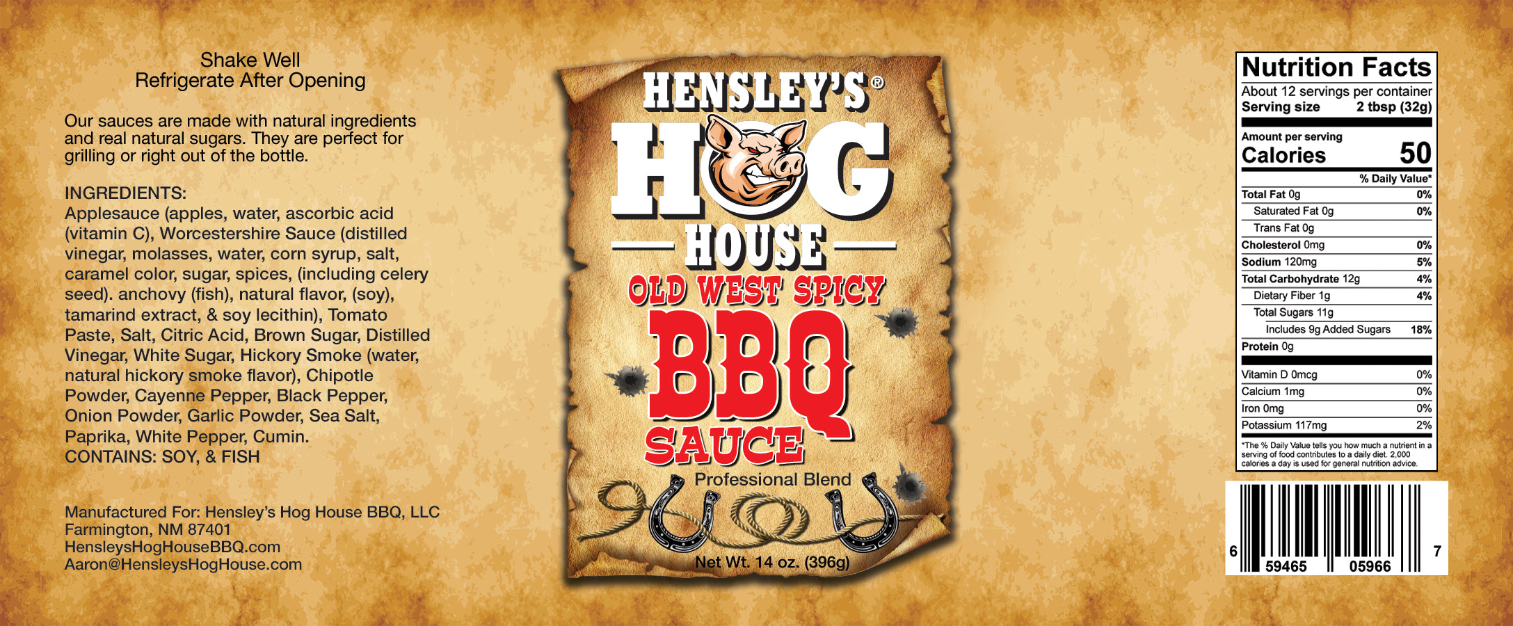Hensley's Hog House BBQ® Old West Spicy Barbecue Sauce. HOT 14 oz