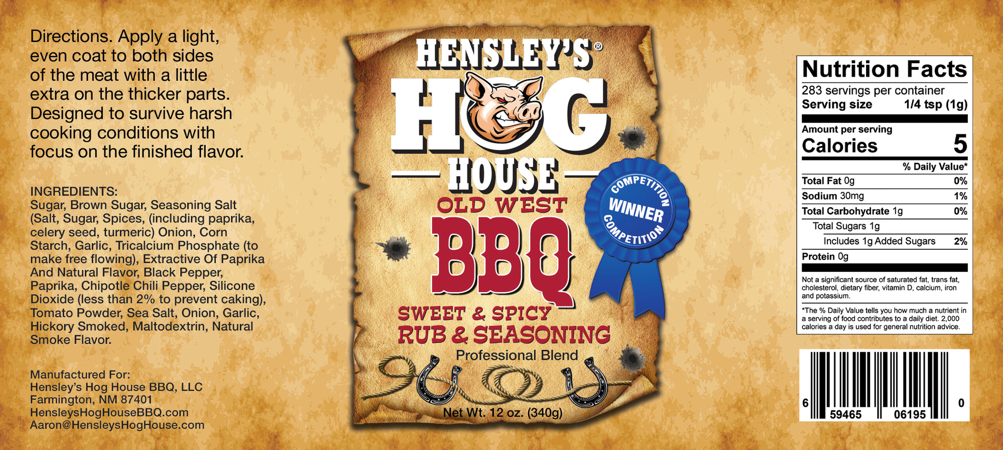 Hensley's Hog House BBQ® Old West Sweet & Spicy Rub & Seasoning 12 oz